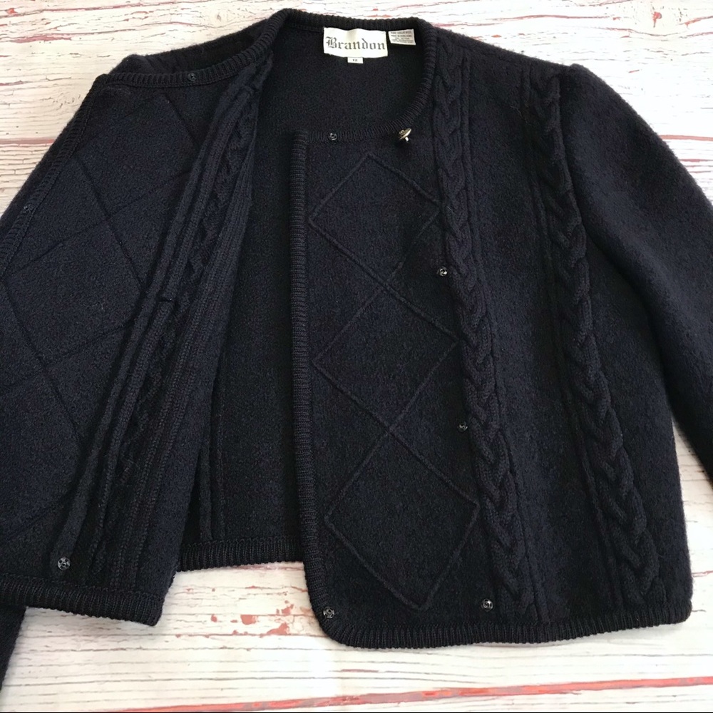 BRANDON Virgin Wool Cardigan Sweater Cable Blue